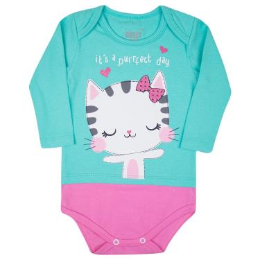 Imagem de Body Bebê Gatinha, Manga Longa, Azul/Rosa, 0 a 3 Meses, Gaga Baby