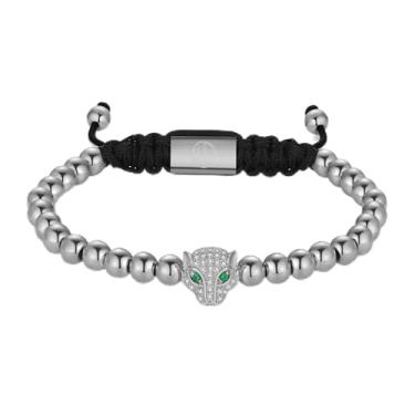 Imagem de WP WEPICK Pulseiras masculinas de ouro banhado a ouro 18 quilates de aço inoxidável cabeça de leopardo olho de tigre contas de ônix pretas feitas à mão pulseira masculina ajustável presente de