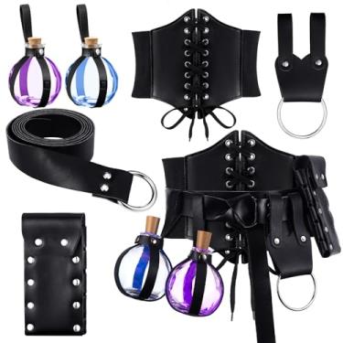 Imagem de Ramede 8 peças Acessórios de Halloween Anel de Couro PU Cinto Bruxo Mago Cinto Espartilho Cortiça Poção Garrafa com Luzes LED Medieval Bolsa Retrô Cosplay Acessórios para Mulheres (Preto)