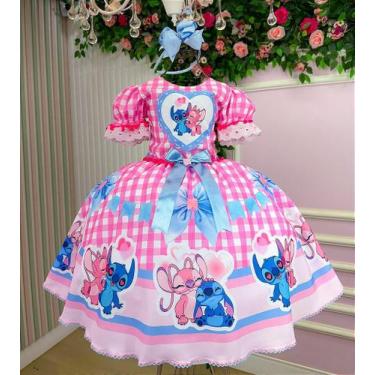 Imagem de Vestido Junino Temático Luxo Lilo Stitch Rosa Bebê Modelo 2 - Festa Ju