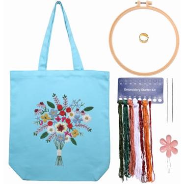 Imagem de CREAWONDER Bolsa de lona kit de bordado com padrão para iniciantes, artes e kits de artesanato de bordado DIY para adultos, inclui instruções, argolas de bordado, linhas coloridas e ferramentas
