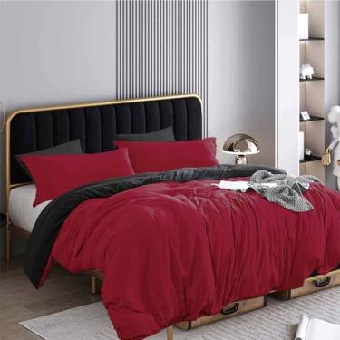 Imagem de ETDIFFE Conjunto de edredom Queen, preto, vermelho, 3 peças, macio, leve, de microfibra para todas as estações, com 2 fronhas, para mulheres e homens