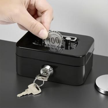 Imagem de SAFEPequeno cofre com chave, caixa de metal para dinheiro, passaporte - 11,4 x 8,3 x 5,8 cm (preta)