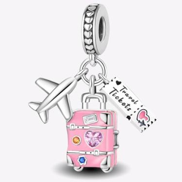 Imagem de 1 peça elegante rosa bagagem avião prata berloque contas adequadas para mulheres, faça você mesmo e roupa diária combinando joias decoração para mulheres presente para mãe