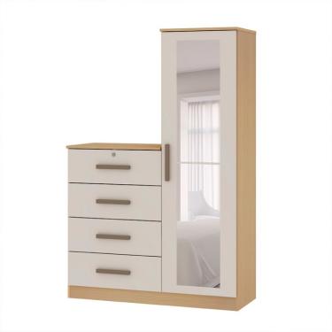 Imagem de Cômoda Aurora com Espelho 1 Porta 4 Gavetas Off White e Freijó