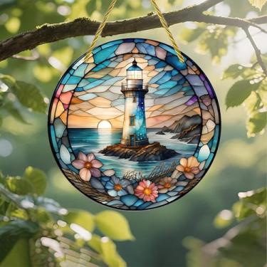 Imagem de Acrílico colorido Suncatcher, farol pôr do sol, paisagem marítima, janela suspensa de 18 cm, decoração de arte de parede com design de vitral impresso, ideia de presente e ornamento de jardim, uso