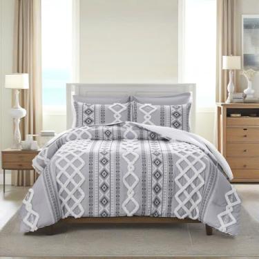 Imagem de MOVE OVER Conjunto de edredom queen cinza tufado, estilo boêmio, geométrico, tufado, casa de fazenda, boho, asteca, conjunto de edredom com 2 fronhas para decoração de quarto