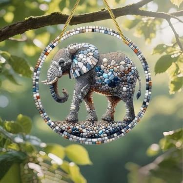 Imagem de Apanhador solar de acrílico colorido, mosaico de elefante de pedra 18 cm, decoração de arte de parede de janela suspensa com design de vitral impresso, ideia de presente e ornamento de jardim, uso
