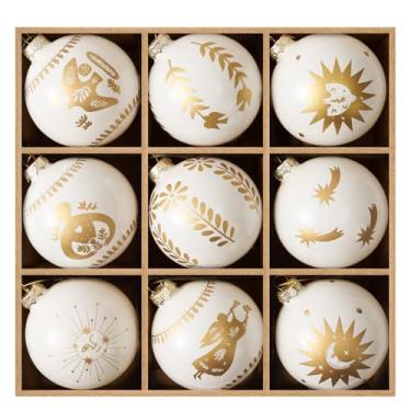 Imagem de DN DECONATION Conjunto de enfeites de bola de Natal com bolas de vidro brancas de 23 a 8 cm com padrões dourados de paz, ornamentos decorativos pendurados para árvore de Natal, decorações de férias e