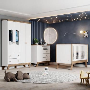 Imagem de Quarto Bebê Guarda Roupa 4 Pts Cômoda Berço Aurora Casa 812 Branco Com Jequitibá Hp