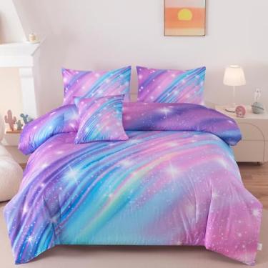 Imagem de ASKOTU Jogo de cama casal, para meninas, com glitter, arco-íris, galáxia, roxo, conjunto de cama casal