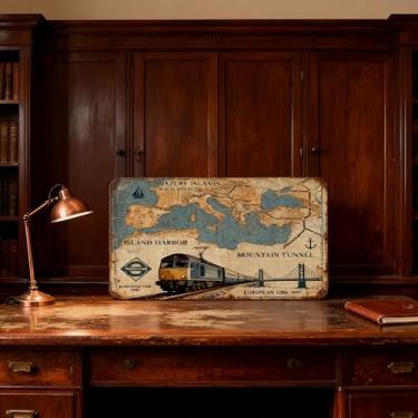 Imagem de 1 placa de estanho mapa europeu vintage - linha do Tamisa e navegação nas ilhas azuis - decoração de arte de parede retrô para casa, escritório, bar, sala de estar, azul, 30 x 15 cm