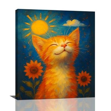 Imagem de Linda arte de parede de gato laranja pintura a óleo girassol decoração de parede bonito gatinho sorriso imagens impressão em tela decorações emolduradas presentes para amantes de gatos, quarto de