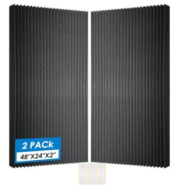 Imagem de Painéis acústicos de 2 peças, painéis de parede de espuma à prova de som, 121 x 61 cm, painel de espuma de estúdio de alta densidade à prova de fogo com cancelamento de ruído, ruído (preto pacote com