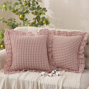 Imagem de YHJWW Capas de almofada rosa caramelo guingão 100% algodão lavado como linho toque macio confortável babados casa de fazenda conjunto de 2 fronhas para sofá cama (45 x 45 cm, fecho de zíper)