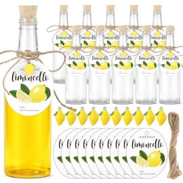 Imagem de Vesici Conjunto de 10 garrafas de plástico Limoncello de 325 ml com tampas de cortiça, mini resina de limão e etiqueta para Limoncello Cerveja caseira DIY Garrafas de pescoço longo para presentes de