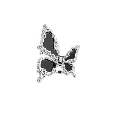 Imagem de Anéis grandes de borboleta preta gótica, anel aberto de prata, joia punk gótica para mulheres, Aço inoxidável, Sem pedra preciosa