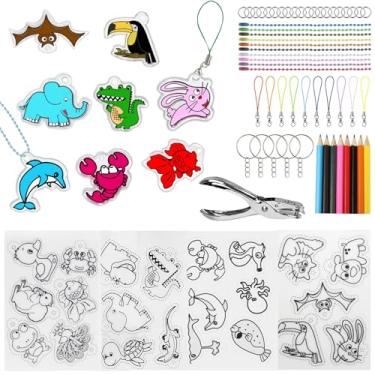 Imagem de Kit de chaveiro de 58 peças, com 20 folhas de papel retrátil de 20 x 14,5 cm, ganchos de orelha, broches, chaveiros coloridos e anéis de salto, furador, pinças – Ideal para artesanato DIY, crianças e