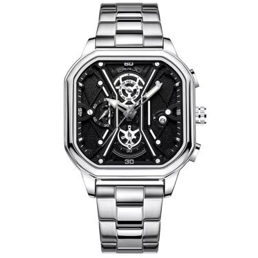 Imagem de Relógio Masculino de Quartzo em Aço Inoxidável Impermeável Design Quadrado Luminoso