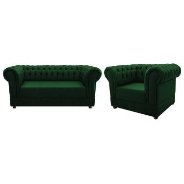 Imagem de Kit Poltrona e Namoradeira Chesterfield Ana Suede Verde