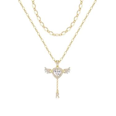 Imagem de MEIITRUE Colar feminino com inicial de coração de anjo banhado a ouro 14K, zircônia cúbica, amor com asas móveis, pingente de nome personalizado em camadas delicadas, corrente personalizada, presente
