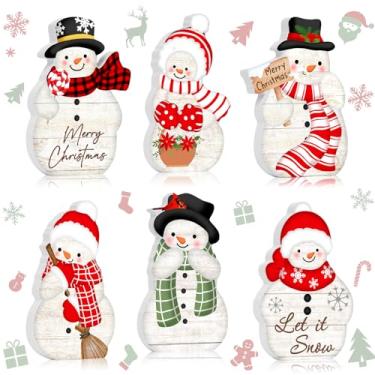 Imagem de 6 peças de decoração de mesa de boneco de neve para interior, decorações de Natal de madeira rústicas, estatuetas de inverno, bandeja em camadas, mesa de centro de mesa para casa, cozinha, lareira