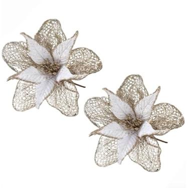 Imagem de Conjunto de 2 decoração de flores de Natal cintilantes de 23 cm, ornamentos florais de tecido artificial com glitter para árvore, grinalda, arranjo de mesa e decoração de casamento, vermelho dourado