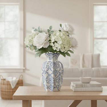 Imagem de Geniff Vaso de cerâmica vintage rústico azul e branco de 24 cm, decoração de cerâmica de fazenda estética para sala de estar, sala de jantar e escritório