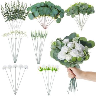 Imagem de YBEATY 100 peças, 7 tipos de folhas artificiais mistas de eucalipto, caules com flores falsas, prata, dólar falso, eucalipto, verduras, ramos para decoração de casa