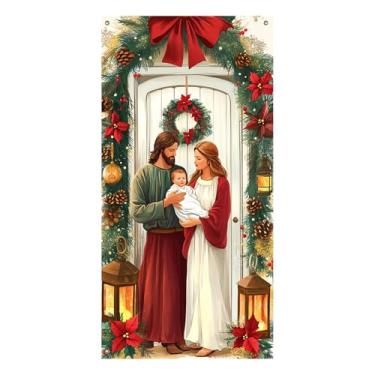 Imagem de BlissYard Capa de porta de presépio de Feliz Natal, faixa decorativa de 89 x 188 cm com laço vermelho de Mary Joseph, bebê Jesus e vegetação festiva para decoração interna e de Natal