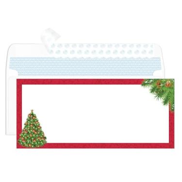 Imagem de Envelopes de árvore de Natal com borda vermelha autovedada 100#10 – Design festivo de Natal para cartões, cartas e saudações sazonais
