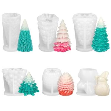 Imagem de SUPXYC 6 peças de moldes de vela de árvore de Natal, formas de silicone, molde de árvore de Natal, molde de resina de vela de silicone 3D, para fundição de resina, fondant, bomba de banho, sabonete