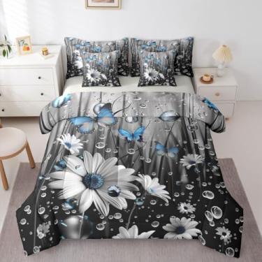 Imagem de Erosebridal Conjunto de cama de 7 peças de borboleta, Queen, margarida, lençol com lençol com gotículas de água, caule de flor, cama de fazenda, nevoeiro, 3D, borboletas azuis florais para crianças