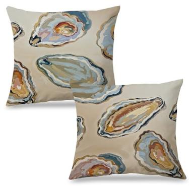 Imagem de Exqcom Conjunto de 2 capas de almofada abstratas para ostras litorâneas 45,7 x 45,7 cm, decoração de quarto de praia, retrô, oceano, ostra, concha decorativa para casa, quarto, sala de estar