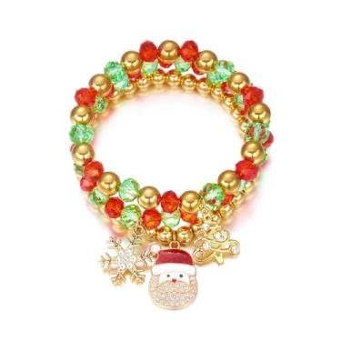 Imagem de RLHRNDE Conjunto de pulseiras de contas de cristal de Natal para homens e mulheres feitas à mão com contas coloridas brilhantes e elásticas de Natal, floco de neve, boneco de neve, sino, Papai Noel