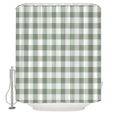 Imagem de JOFKAXU Cortina de chuveiro xadrez búfalo verde sálvia linda casa de fazenda moderna padrão minimalista cortina de banheiro estética com ganchos, 187 x 177 cm