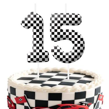 Imagem de Velas de aniversário número 15 de carros de corrida, preto e branco, topo de bolo com tema de bandeira quadriculada para meninos e meninas, decorações de bolo para aniversários, suprimentos de festa