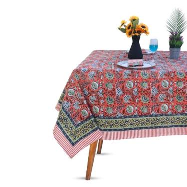 Imagem de Toalha de mesa de algodão com estampa handblock – capa de mesa retangular 152 x 234 assentos 6 – linho de mesa de jantar floral estampado em bloco indiano – pano lavável boho para cozinha, festa, ao