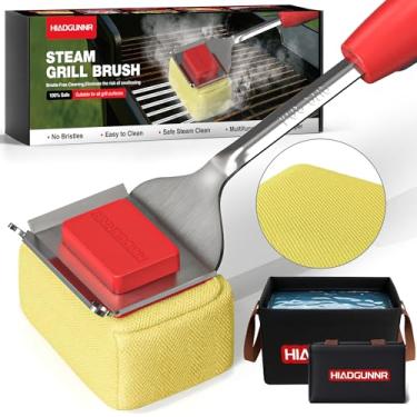 Imagem de Escova para churrasqueira sem cerdas com balde dobrável, escova de limpeza de churrasqueira para uso externo com cabeça e raspador substituíveis, cerdas não metálicas seguras para ferro fundido ou