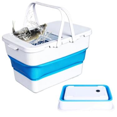 Imagem de ROLMZJX Balde dobrável, balde de peixe dobrável de 13 L com tampa bloqueável, recipiente multifuncional para isca de pesca ao vivo, tigela de lavagem dobrável para casa e carro (azul)