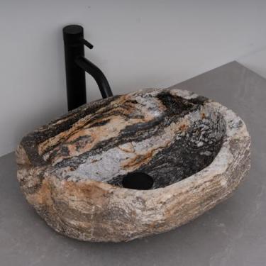 Imagem de MIDUSO Pia de embarcação de pedra irregular 100% feita à mão; pia de pedra real; pia de embarcação exclusiva; acima do balcão; pia de rocha de rio; banheiros rústicos de pias; Irre RiverStone 309