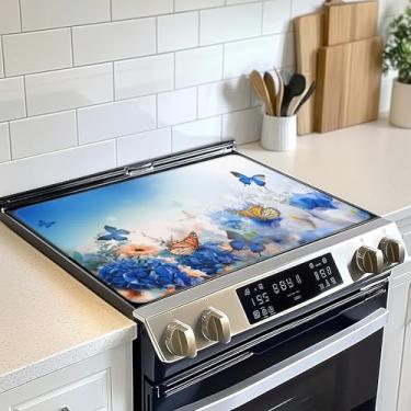 Imagem de Protetor de tampa superior de fogão elétrico de flores de borboleta, tapete de fogão plano de vidro, tapete de fogão de indução de forno resistente ao calor para tapetes de bancada de cerâmica tapete