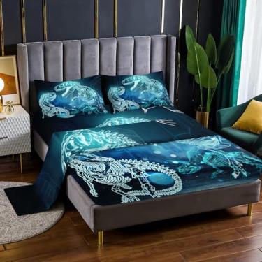 Imagem de Nttopship Jogo de cama de dinossauro, 4 peças, tamanho casal, dinossauros, com bolsos profundos, decoração de quarto azul escuro, 4 peças (1 lençol + 1 lençol + 2 fronhas)