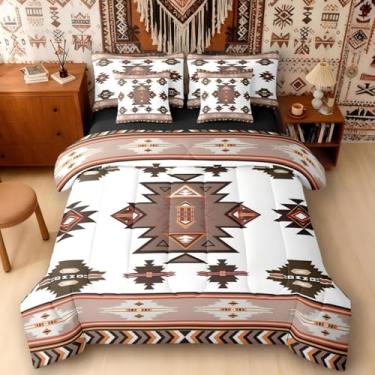 Imagem de Erosebridal Conjunto de edredom solteiro ocidental com lençol | Conjunto de cama geométrico de 7 peças boêmio asteca em uma bolsa, decoração de quarto de flecha tribal étnica, branco, marrom