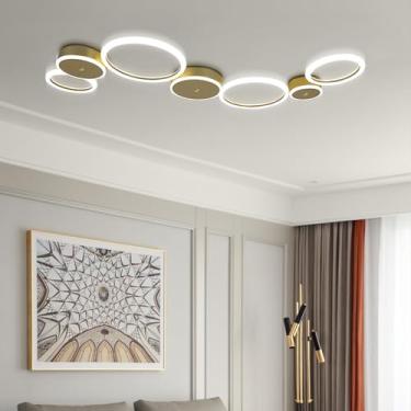 Imagem de Luminária de teto LED moderna para sala de estar, com controle remoto e intensidade regulável, ideal para ambientes internos como quarto, escritório e cozinha (dourada, 7 lâmpadas, 135 cm de