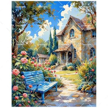 Imagem de Kit de pintura de casa de jardim por números para adultos - Casa de pedra DIY com banco azul e pintura de rosas em tela 40,6 x 50,8 cm, conjunto de tinta acrílica para iniciantes, arte de parede para