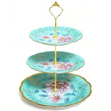 Imagem de Suporte de sobremesa verde para cupcake de 33,5 cm, 34 cm, salgadinhos, biscoitos, aperitivos de frutas, travessas em camadas, bandeja de servir para chá, chá de panela, evento de casamento - Flores