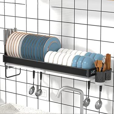 Imagem de Escorredor de pratos de aço inoxidável montado na parede, escorredor de louça, escorredor de pratos com bandeja coletora e suporte de utensílios, para prato/tigela/copo/colher (preto 81 cm)