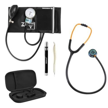 Imagem de Kit Aparelho De Pressão Arterial + Estetoscópio Inox + Estojo Case Preto Luxo Com Lanterna Clínica E Caneta Osso (Preto Dourado)