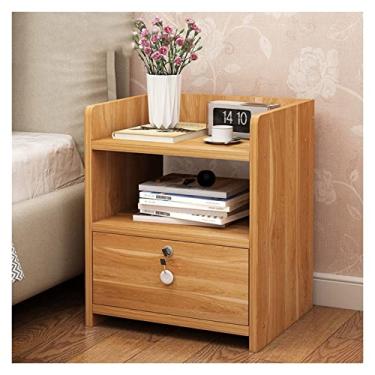 Imagem de Mesa de cabeceira com trava pequena madeira simples quarto armazenamento de cabeceira pequeno armário rack mesa de cabeceira mesas de canto (cor: latão) (latão)